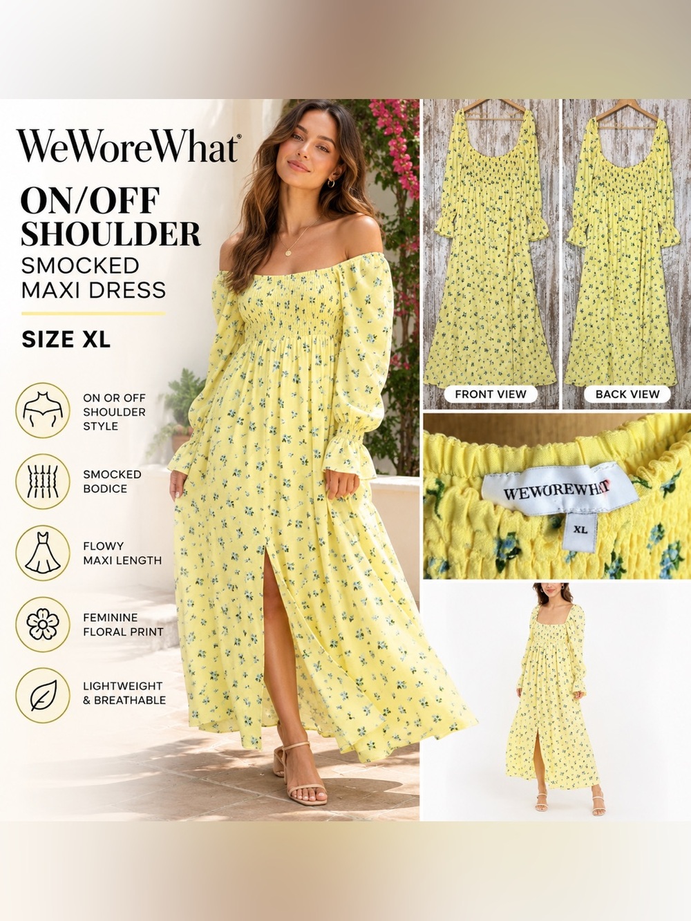 WeWoreWhat On/Off Shoulder Smocked Floral Maxi Dress Yellow Size XL
